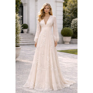 BHLDN Belize Wedding Dress Ivory Embroidered Long Sleeve V Neck Gown Size 6